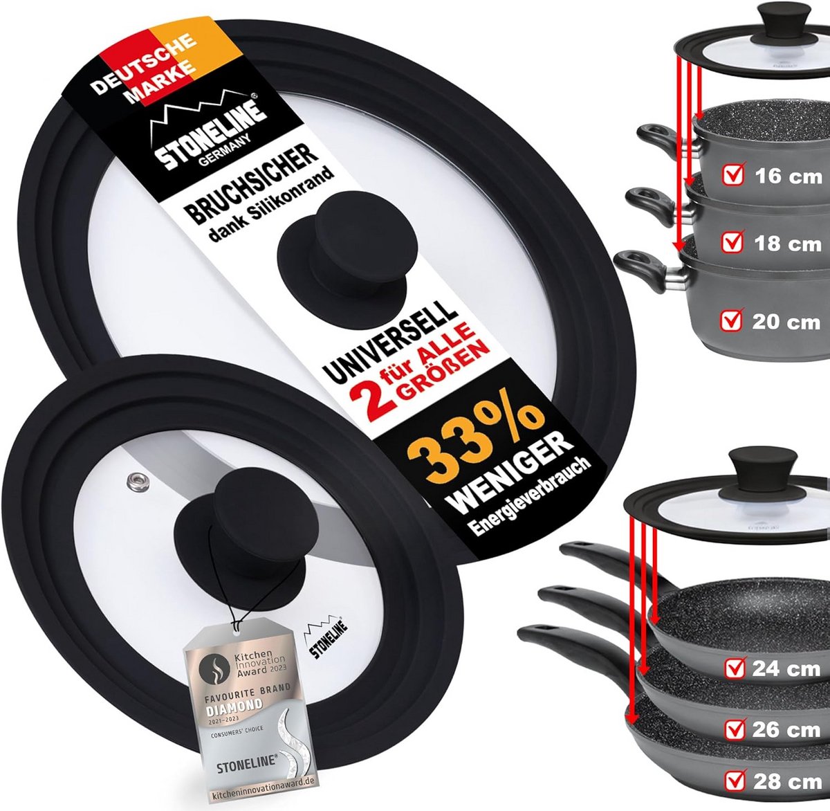Universele Glasdeksel met Silikonrand voor 24/26/28 cm Pannen
