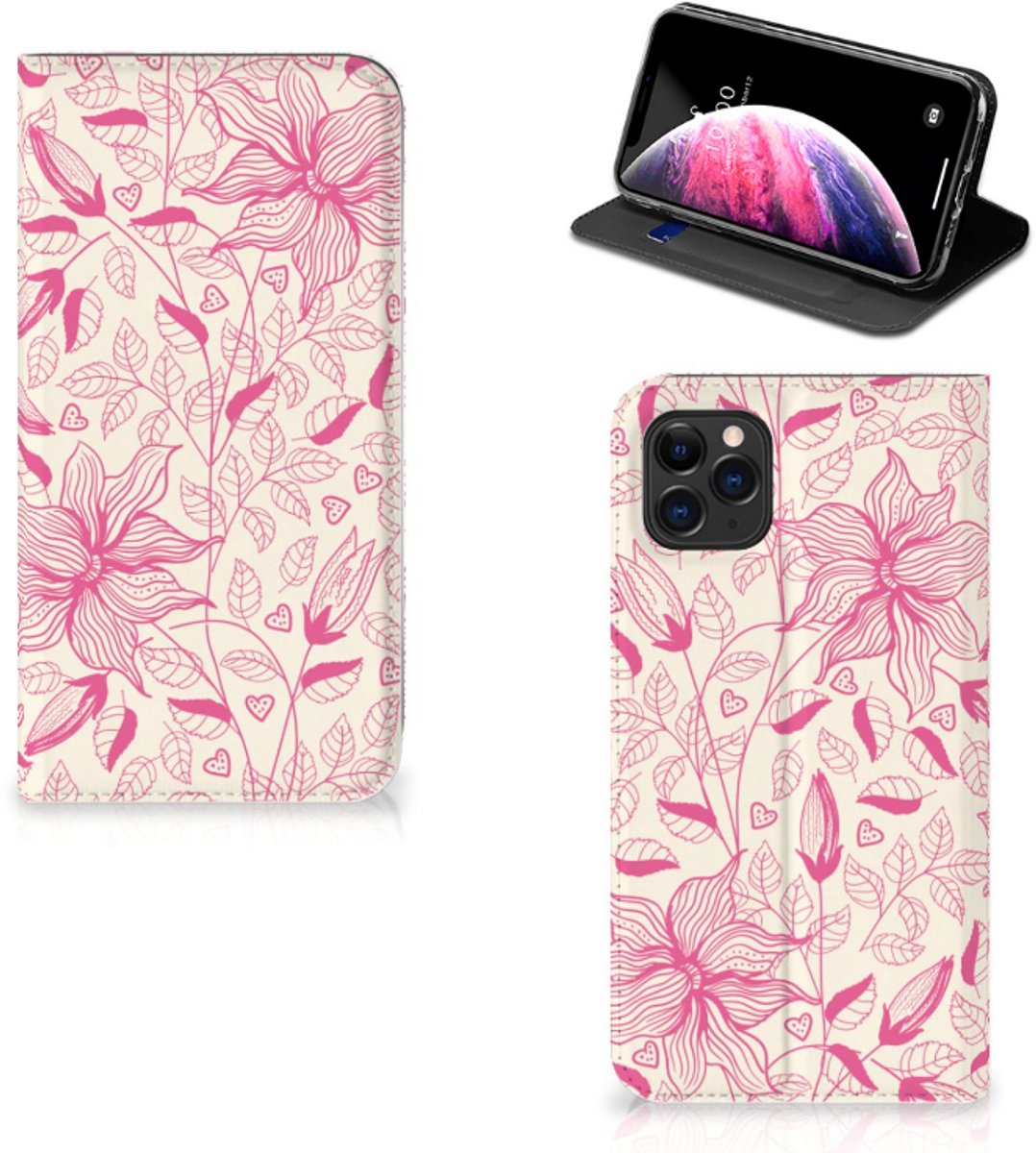 Standcase Hoesje voor Apple iPhone 11 Pro Max Smart Cover Pink Flowers