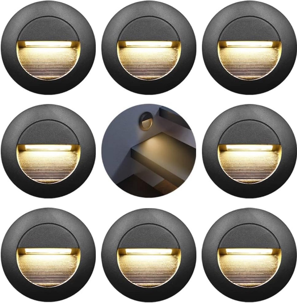Verzonken Trapverlichting LED 8x, 230V, 3W, Ronde Wandlamp, Warmwit 3000K, IP65 Waterdicht