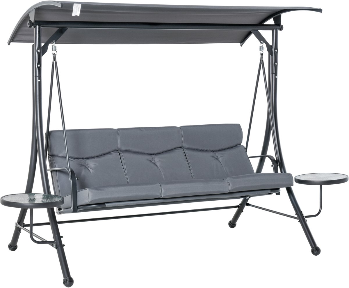 Wishdor - 3-Zits Tuinschommelbank - Verstelbaar Zonnescherm - Met Glazen Bijzettafels - Staal - Grijs - 271 X 125 X 177 Cm
