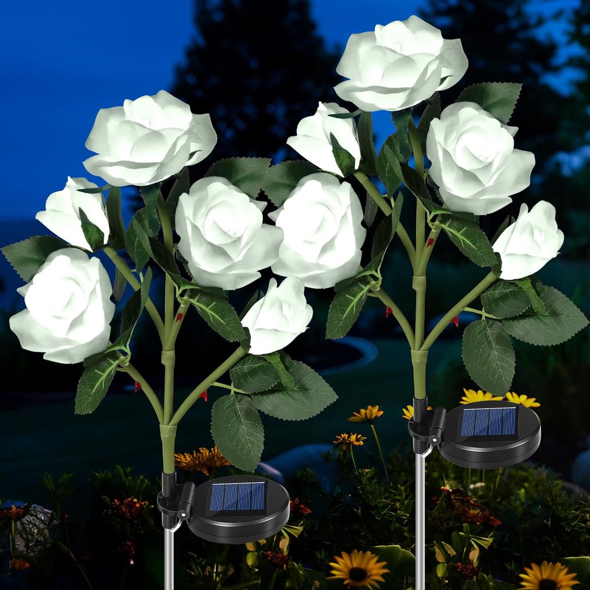 Zonnelampen voor buiten, tuin, 2 stuks, IP65 waterdicht, zonnebloemen, buiten, weerbestendig, 5 rozen, bloemblaadjes, decoratie op zonne-energie voor buiten, tuin, decoratie, buiten, struiken