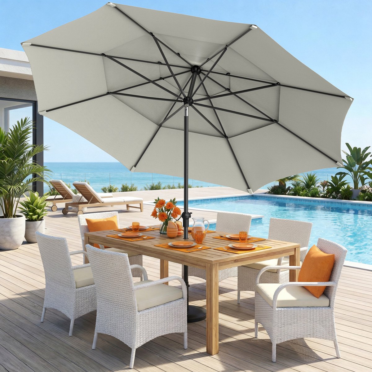 Soontrans - Stokparasol 300cm Tuin UV50+ - Balkonparasol Waterdicht - Parasol Tuin Terras met Opdraaisysteem - Strandparasol 8 Ribben - Parasol Tuin 30° Kantelbaar - Tuinparasol - Wit – foto 5