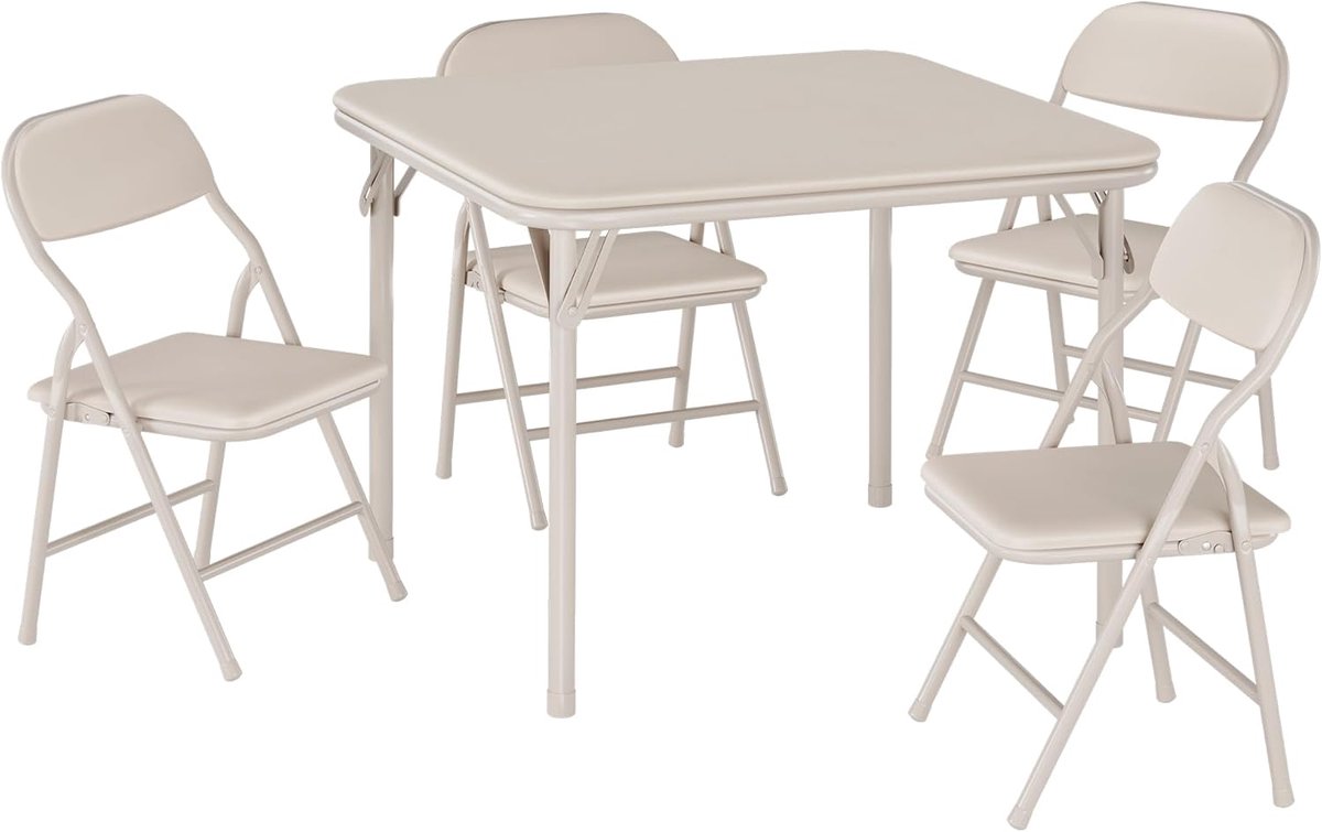 5-Delige Opvouwbare Kindertafel en Stoelen Set - Speeltafel met 4 Stoeltjes - Zacht PU Leer - Geen Montage - Beige