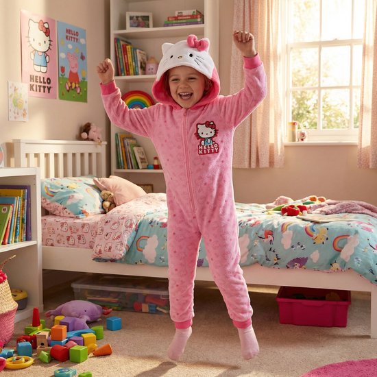 Meisje springt opgewekt in roze Hello Kitty onesie met capuchon en strikje.