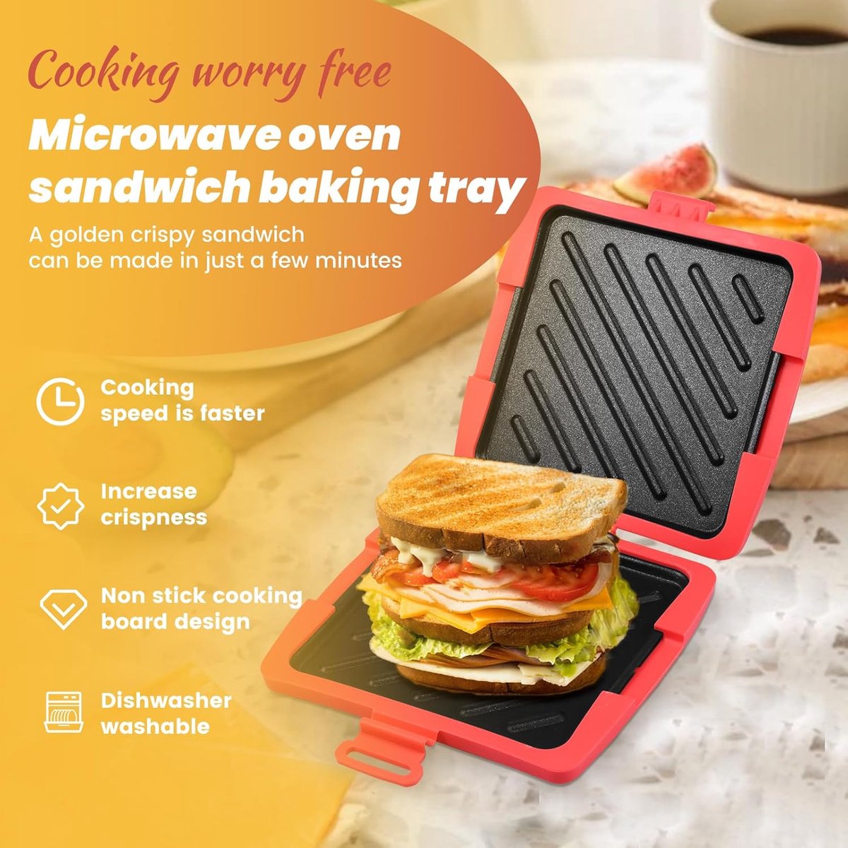 Magnetron sandwichmaker - Sandwichmaker - Bakplaat - sandwich maker - Panini maker - Broodrooster - Siliconen - Rood — afbeelding 4