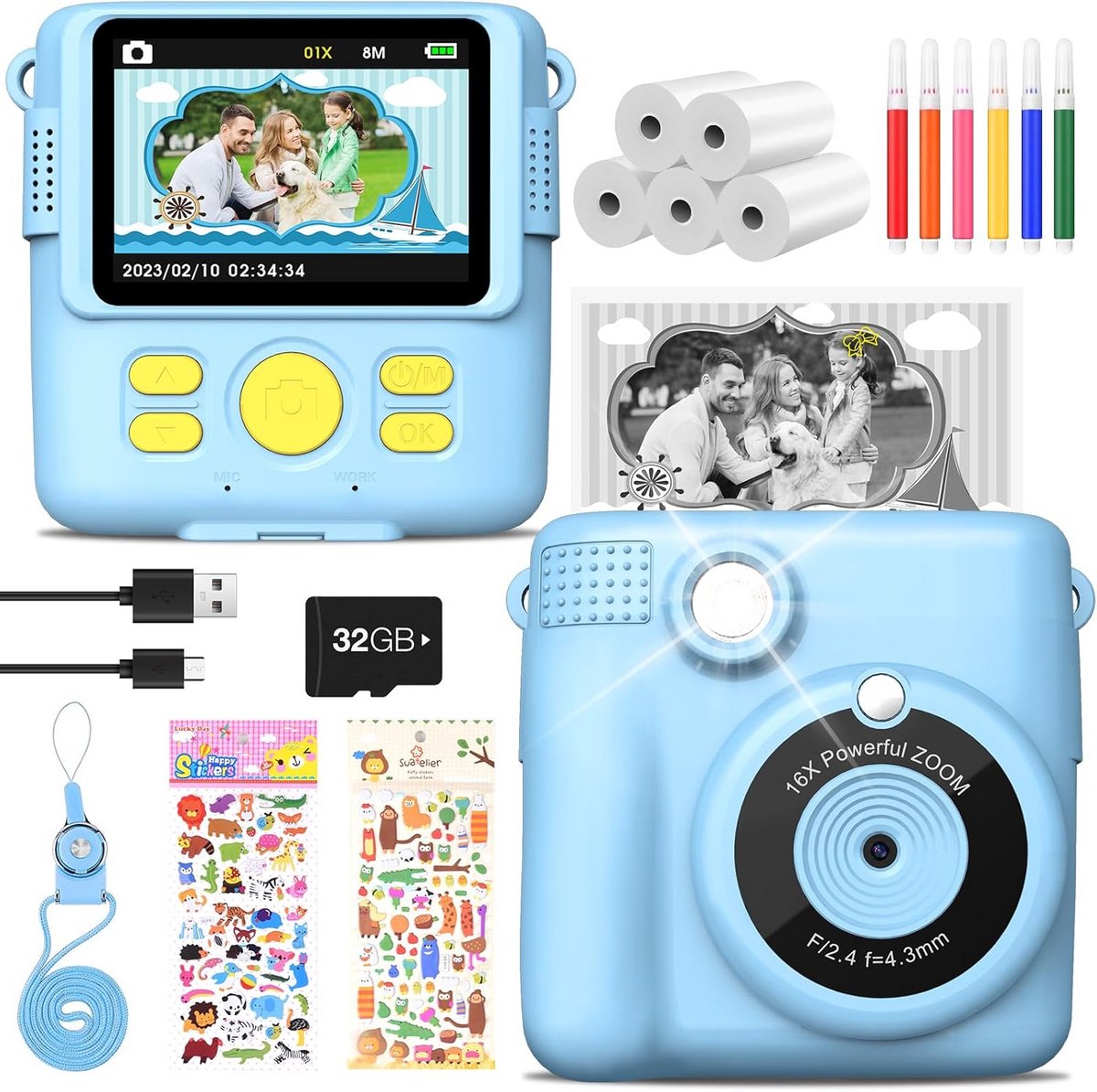 Instant Kindercamera 1080p met 2,4 inch Scherm voor Kinderen - Inclusief Printpapier en 32 GB Kaart