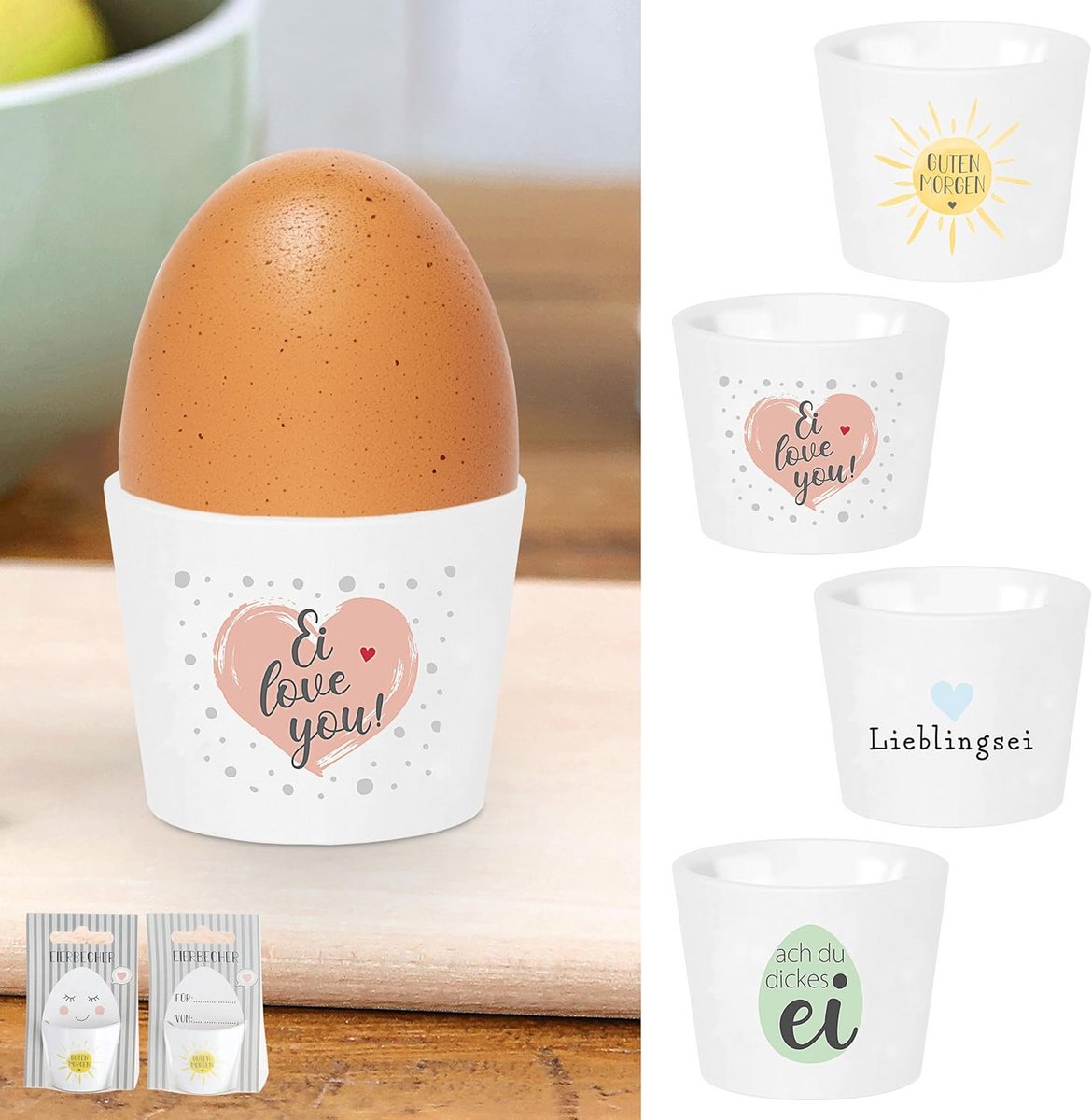 Set van 4 eierdopjes van porselein met leuke spreuken - Perfect voor een vrolijk ontbijt