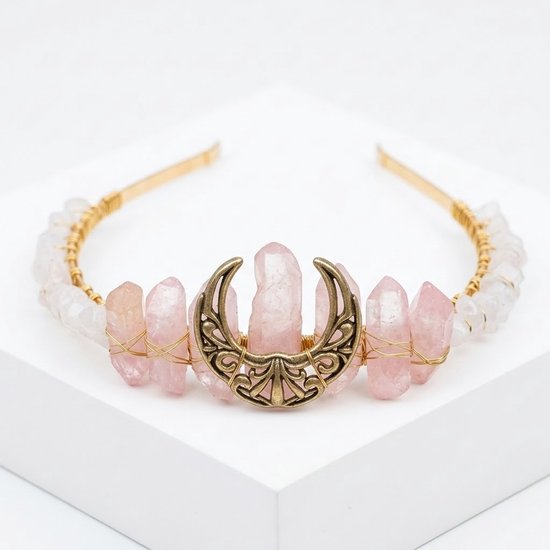 Tiara cristaux rose avec pendentif lune couleur or – diadème pour dames – bandeau fantastique avec look de pierre précieuse et motif lune – convient pour les festivals, les mariages et les séances photo