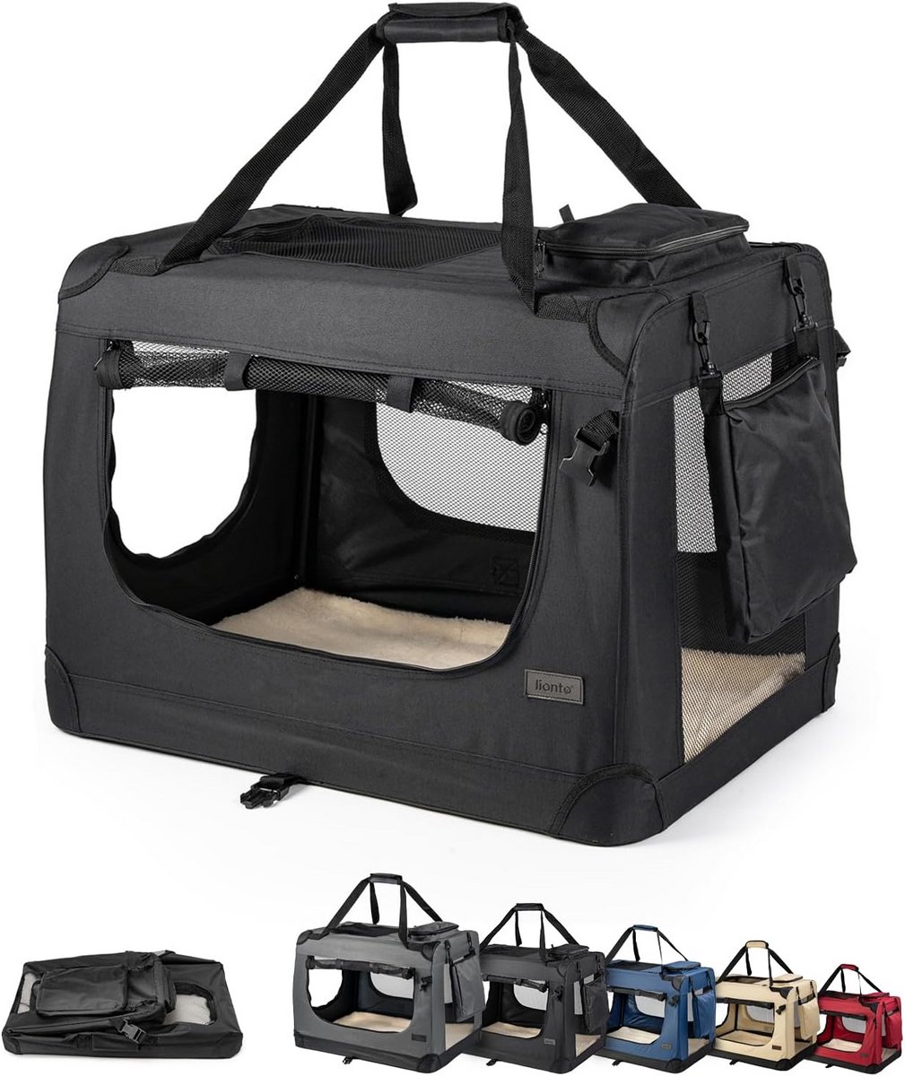 lionto Opvouwbare Hondentransportbox voor Reizen & Auto, 70x52x50 cm, Stevige Draagbox met Handvaten & Deken, tot 15 kg, Duurzame Stoffen Hondenbox, Klein & Groot, Beige thumbnail 5