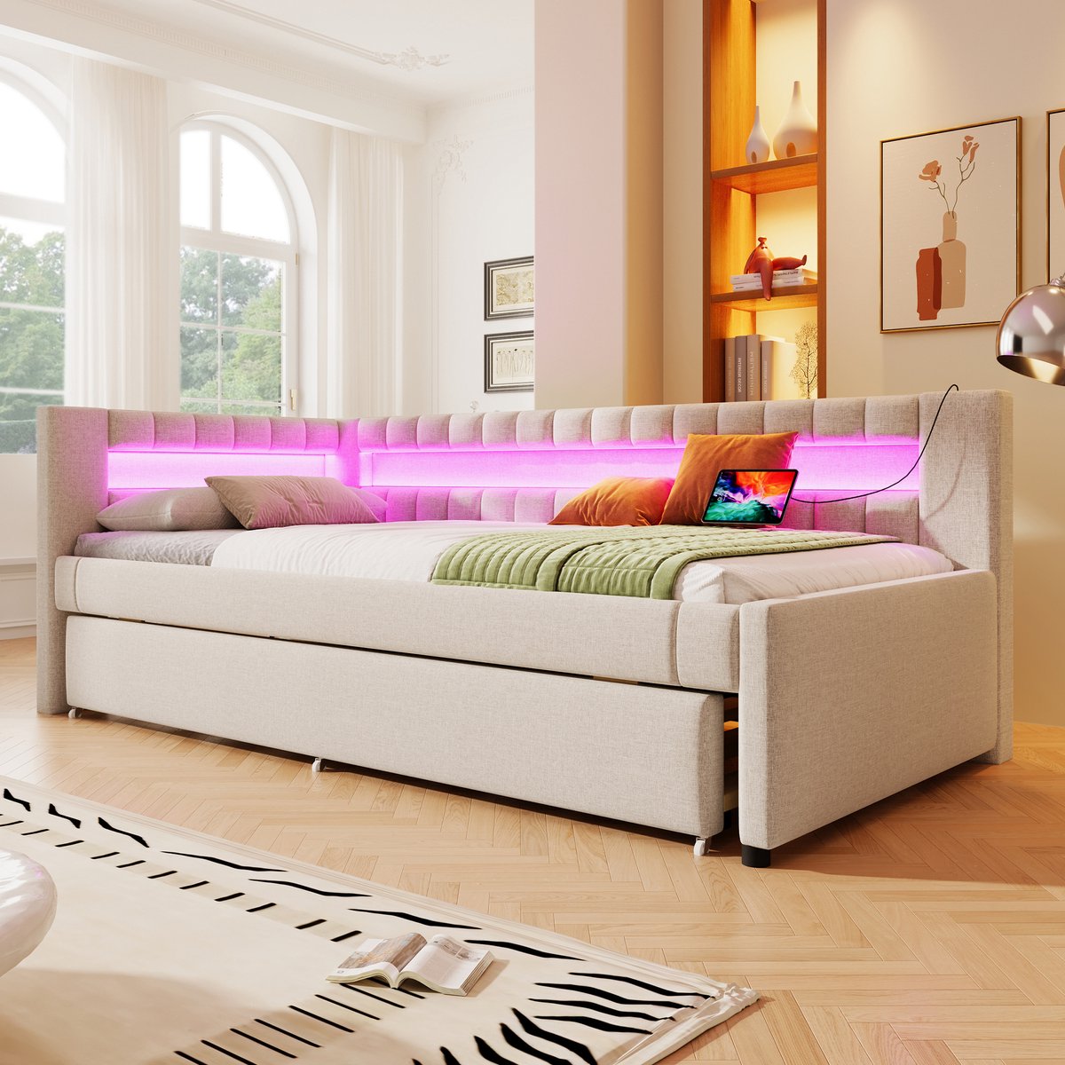 Wishdor Bedbank - Met Uitschuifbed - Led-Lichtstrip - Usb En Type-C Aansluiting - Linnen En Mdf - Beige - 90 X 200 Cm
