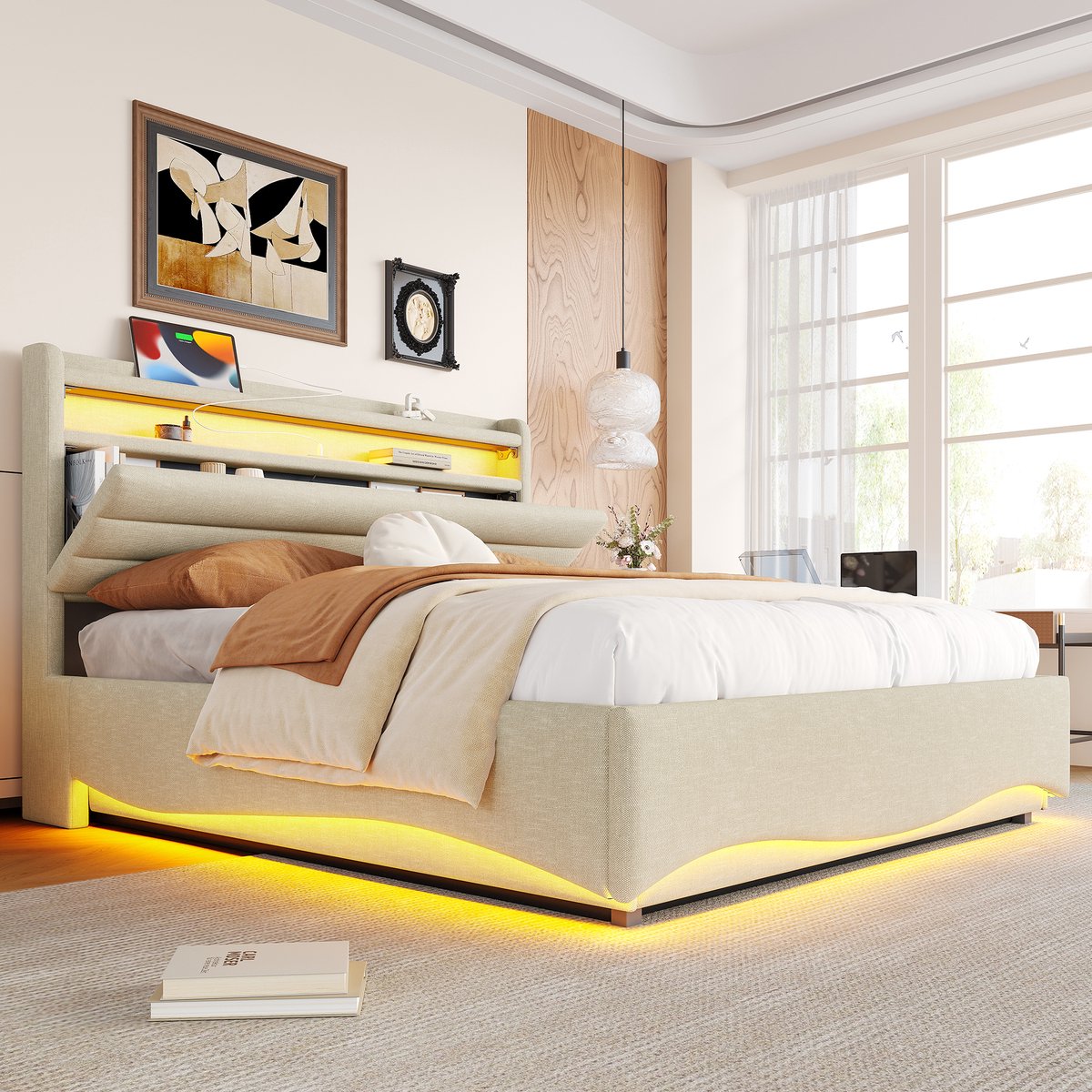 Wishdor Gestoffeerd Opbergbed - 140x200 cm - Hydraulisch Hefmechanisme En Ledverlichting - Met USB En Type-C - Linnen - Beige