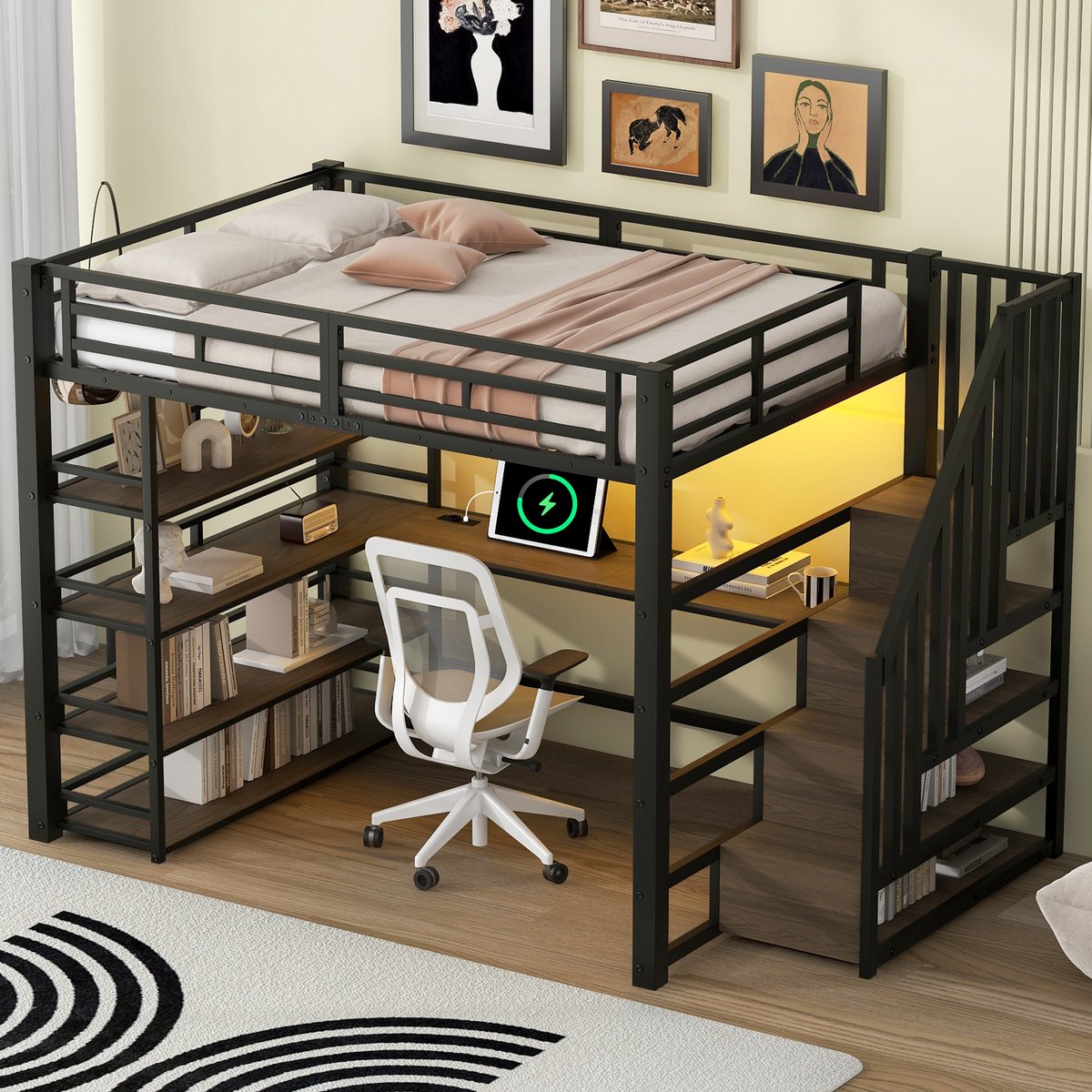 Wishdor Hoogslaper - 140x200 cm - Met Bureau, Oplaadstation En App-Gestuurde Ledverlichting - Stoer Design - Metaal en MDF - Zwart