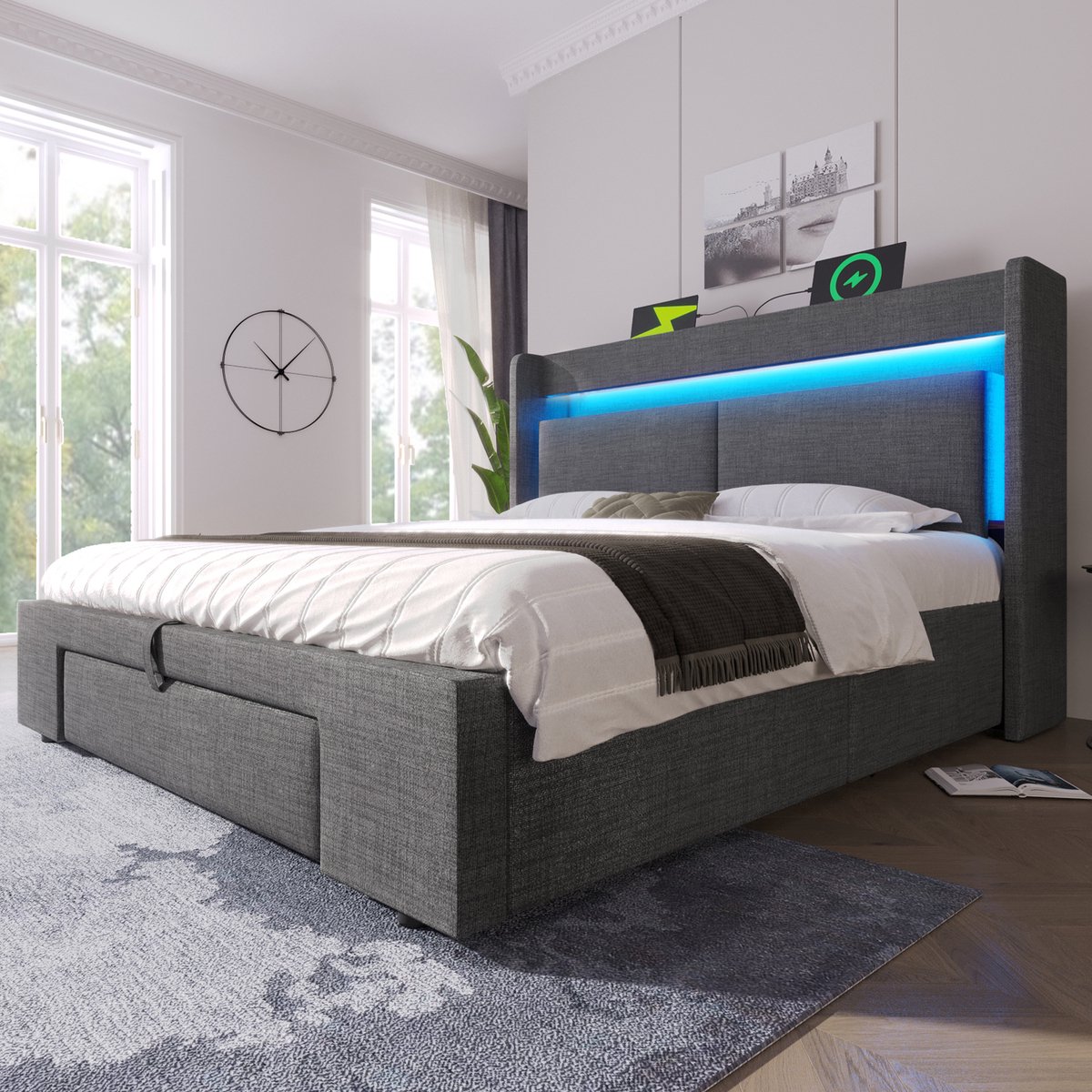 Wishdor Gestoffeerd Bed - 140 x 200 cm - Ledverlichting met Afstandsbediening - Usb en Usb-C - Hydraulische Opbergruimte - Linnen Grijs - Inclusief 7-Zones Pocketvering Matras H3 - Compleet Smart Slaapsysteem voor Moderne Slaapkamer