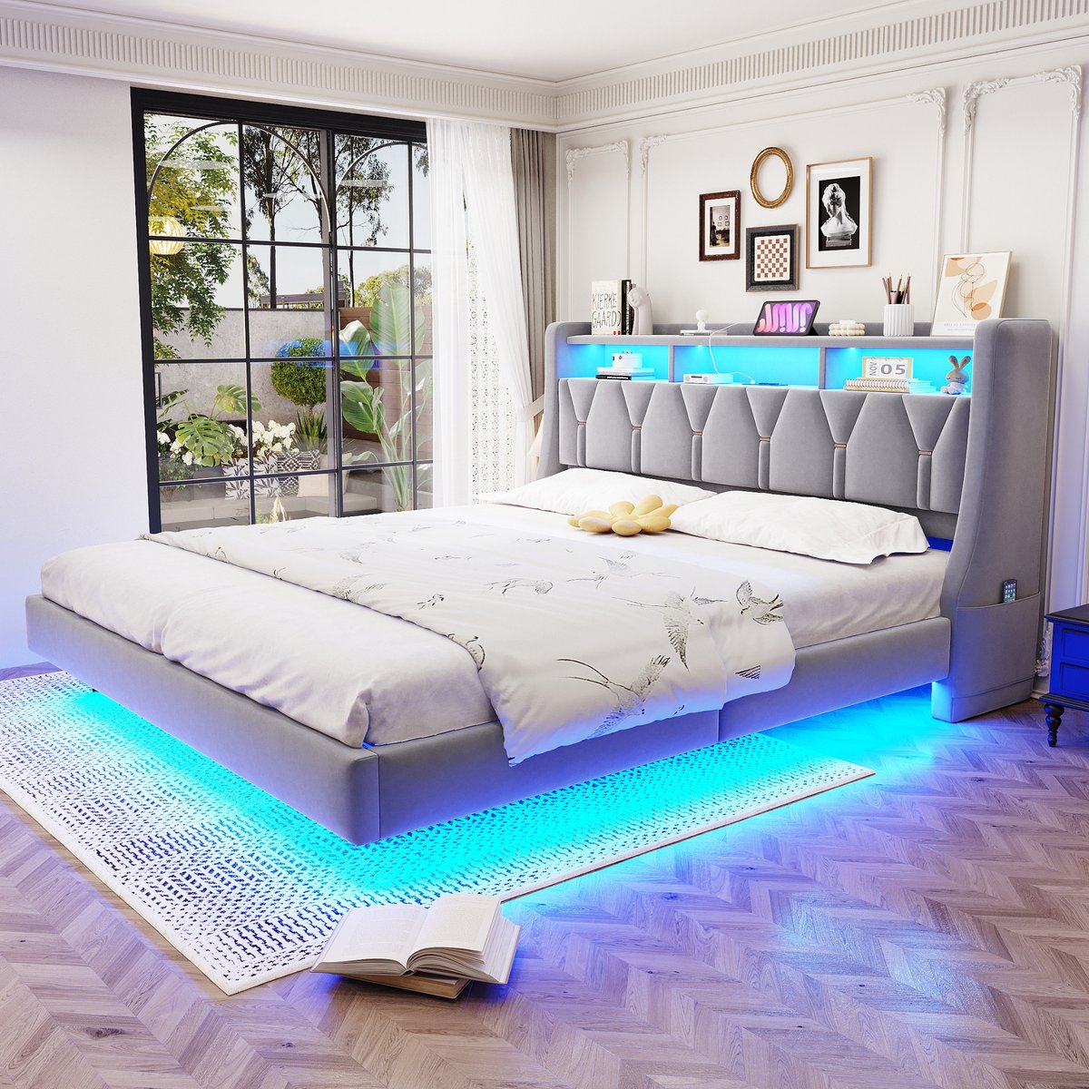 Wishdor Gestoffeerd Tweepersoonsbed - 180 x 200 cm - Opklapbaar Hoofdbord met Stopcontact en Usb/Type-C - Ledverlichting met App - Fluweel Lichtgrijs - Kruisstrepenpatroon - Zwevend Effect - Stabiel tot 350 kg