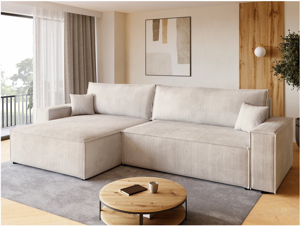 Hoekbank met slaapfunctie 274 × 143 × 85 cm – wit ribstof hoekbank met opbergruimte, uittrekbaar bed 125 × 230 cm, 4-zits lounge hoekbank met omkeerbare chaise longue – ADI XL Comfort – Bellavero