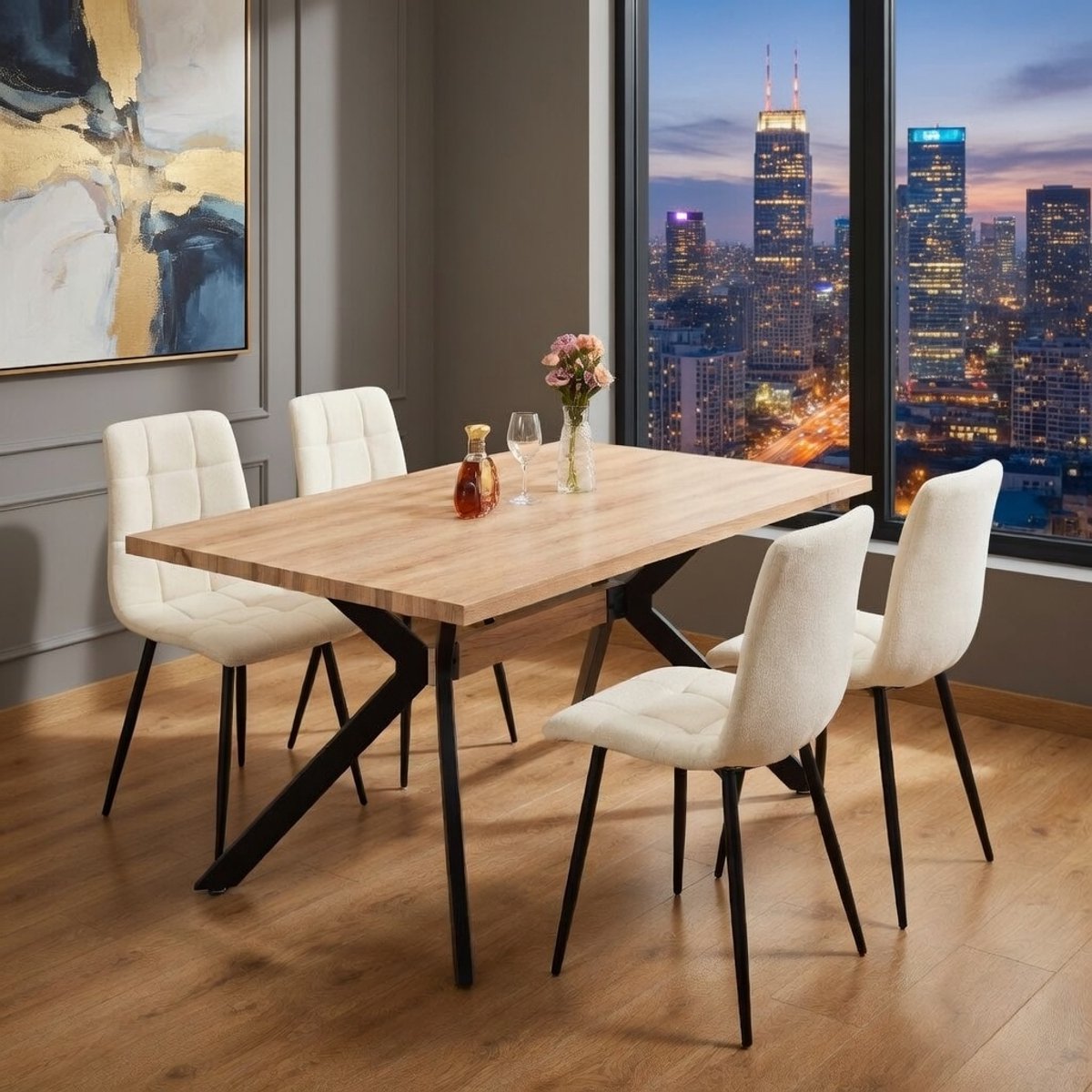 Set van 4 Luxe Eetkamerstoelen NOVIHOME – Gestoffeerde Stoelen van Linnen met Zwarte Metal