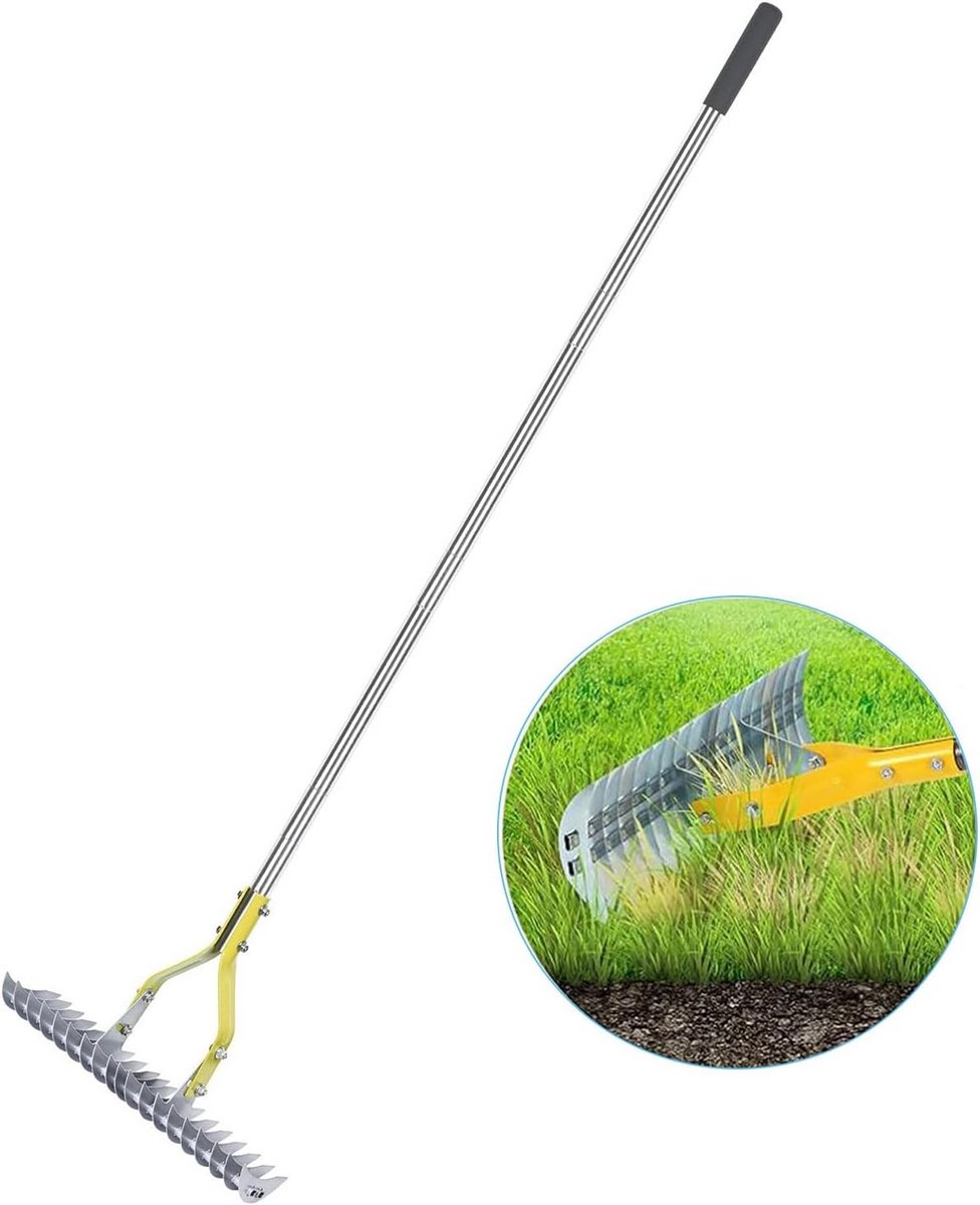 Tuinhark Rieten Hark 15 Inch - Zware Ontthatcher voor Dood Gras met Roestvrijstalen Handvat