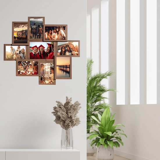 Houten fotolijst met tien vakken voor foto's van een camping, wandeling, feest, afstuderen, familie en zonsondergang.