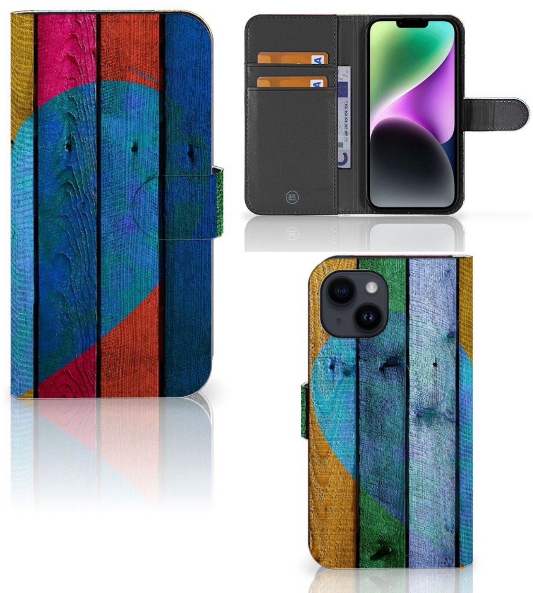 iPhone 15 Book Style Case Wood Heart - Cadeau voor je Vriend