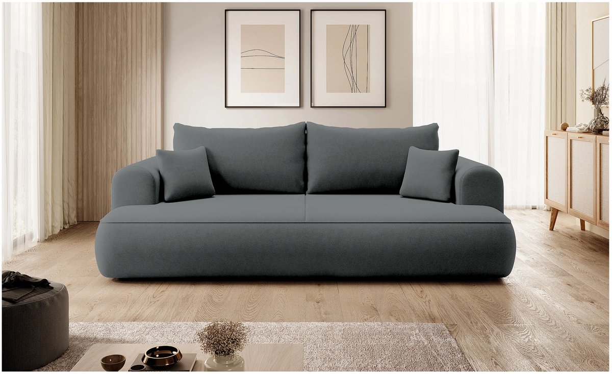 Slaapbank met slaapfunctie 250 × 110 × 92 cm – grijis fluwelen 3-zits slaapbank met opbergruimte, DL-uitschuifbed 200 × 160 cm, moderne bank met sierkussens – Ovo Deluxe Comfort – Bellavero
