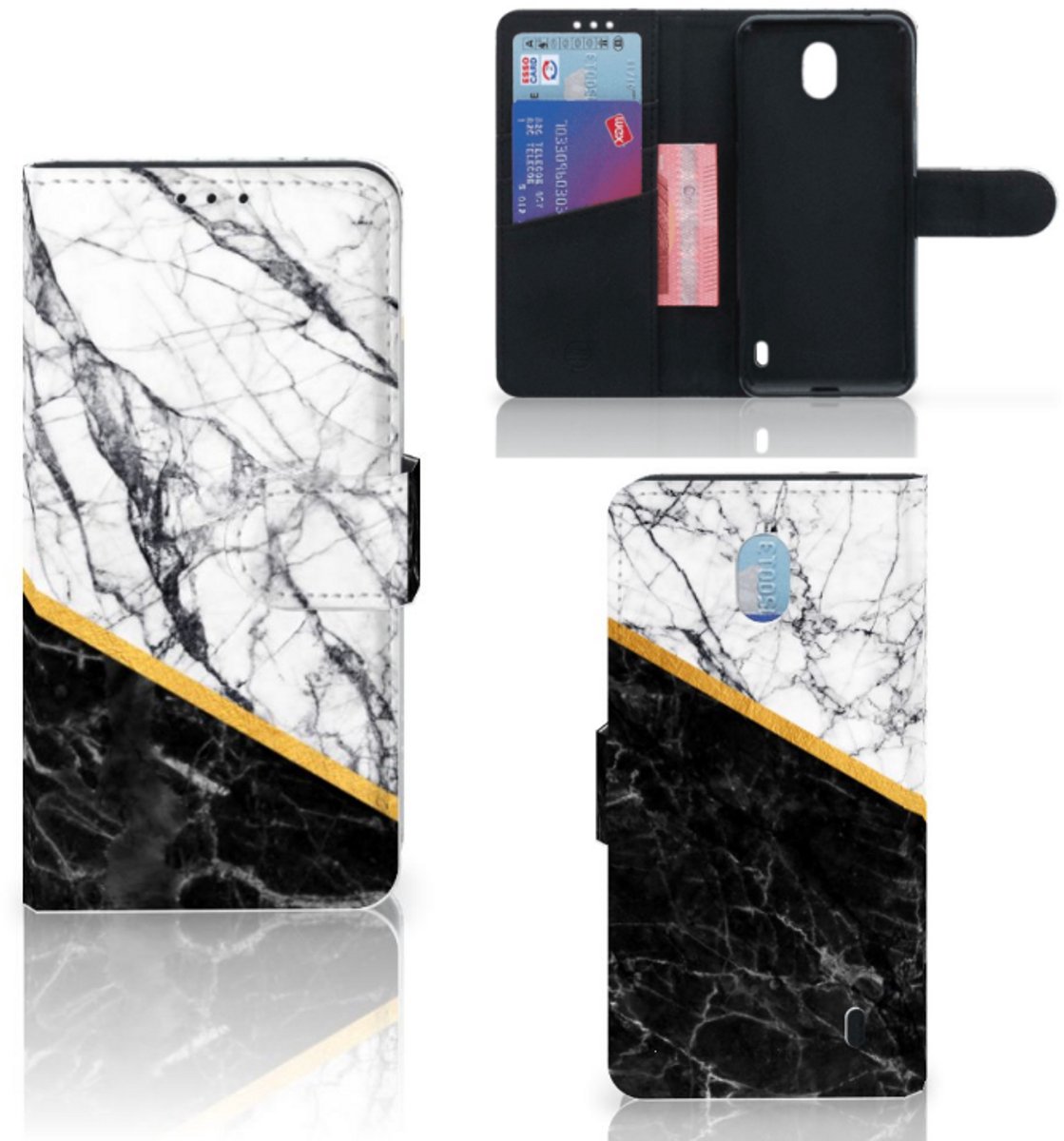 Nokia 1 Plus Bookcase Marmer Wit Zwart - Origineel Cadeau Man