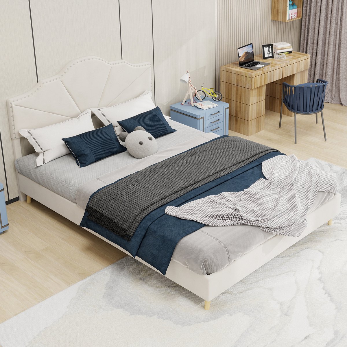 FloraGrace Gestoffeerd Bed 140x200 cm - Geometrisch Hoofdbord - Laag Bedframe - Zonder Opbergruimte - Slaapkamer - Beige - Zonder Matras