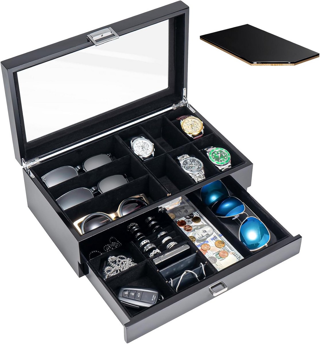 Houten Horloge Doos in Hoogglans, Opbergdoos voor Horloges en Zonnebrillen met Glazen Deksel, 6 Horloges en 3 Brillen