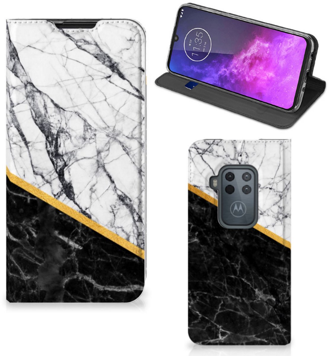Motorola One Zoom Standcase Marmer Wit Zwart - Origineel Cadeau Man