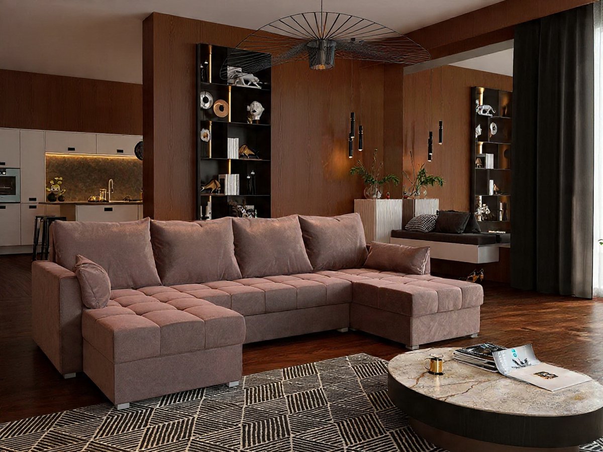 NAKO Luxe Hoekbank met Slaapfunctie en Opbergruimte – Poederroze – 4-Zits XXL – Comfortabele Polyester Hoekbank voor Woonkamer – NoviHome