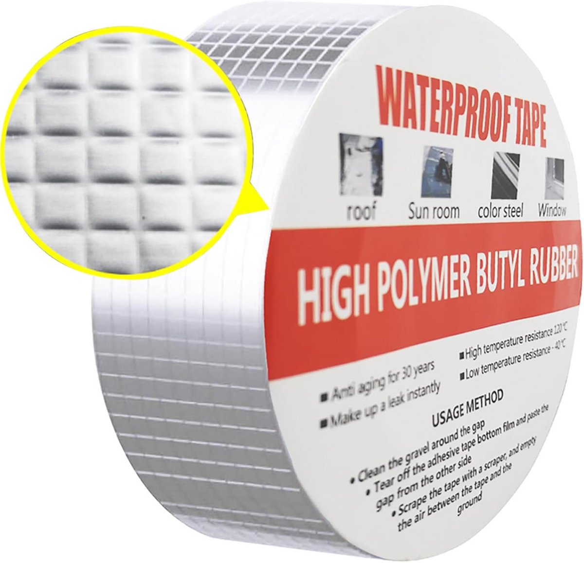 Waterdichte afdichtingstape voor dakreparatie – Butylrubber en aluminiumfolie (5 m x 5 cm x 1 mm)
