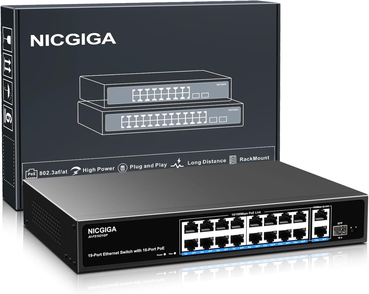 16-poorts PoE-switch met 250 W, Gigabit Uplink en SFP-poort voor eenvoudig netwerkbeheer
