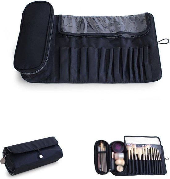 Cette trousse de maquillage dispose de 12 porte-pinceaux pour ranger les pinceaux pendant les voyages, adaptée au fond de teint, au blush et à l'ombre à paupières (noir).