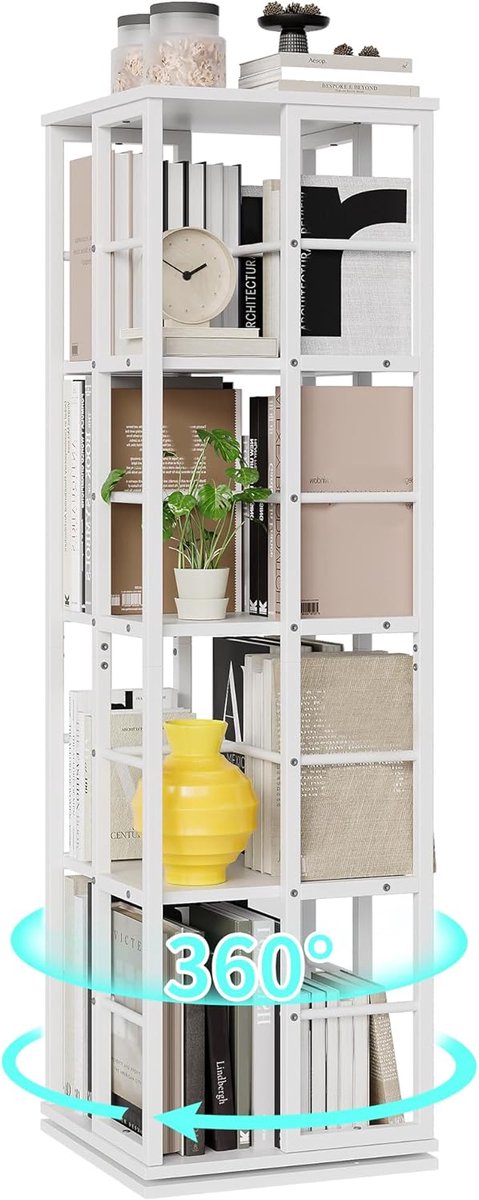 Draaiende boekenkast - 360° Roterende Staande Boekenrek - 4 etages - Industrieel Design, Wit(40 x 40 x 137 cm)