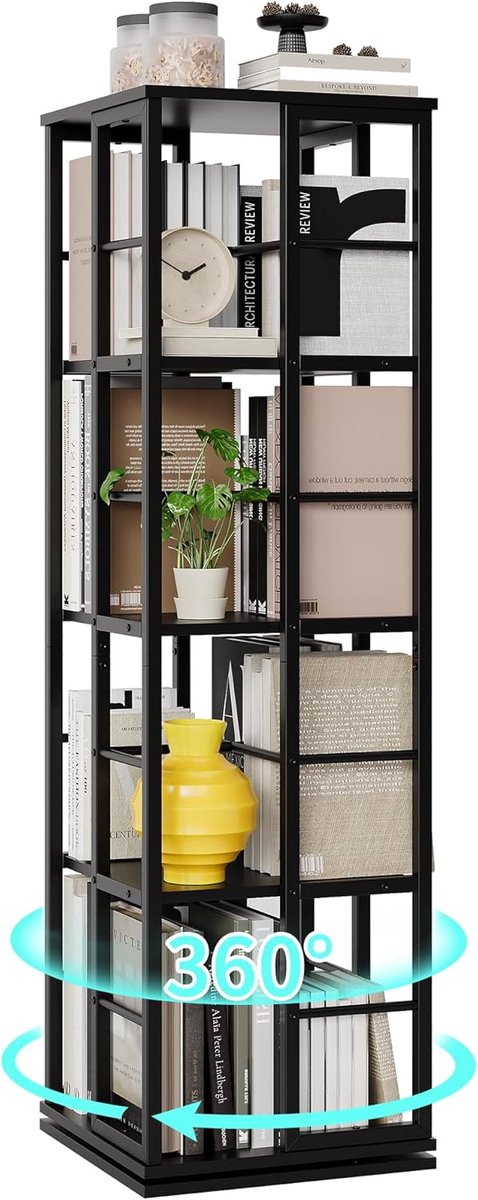 Draaiende boekenkast - 360° Roterende Staande Boekenrek - 4 etages - Industrieel Design, Zwart (40 x 40 x 137 cm)