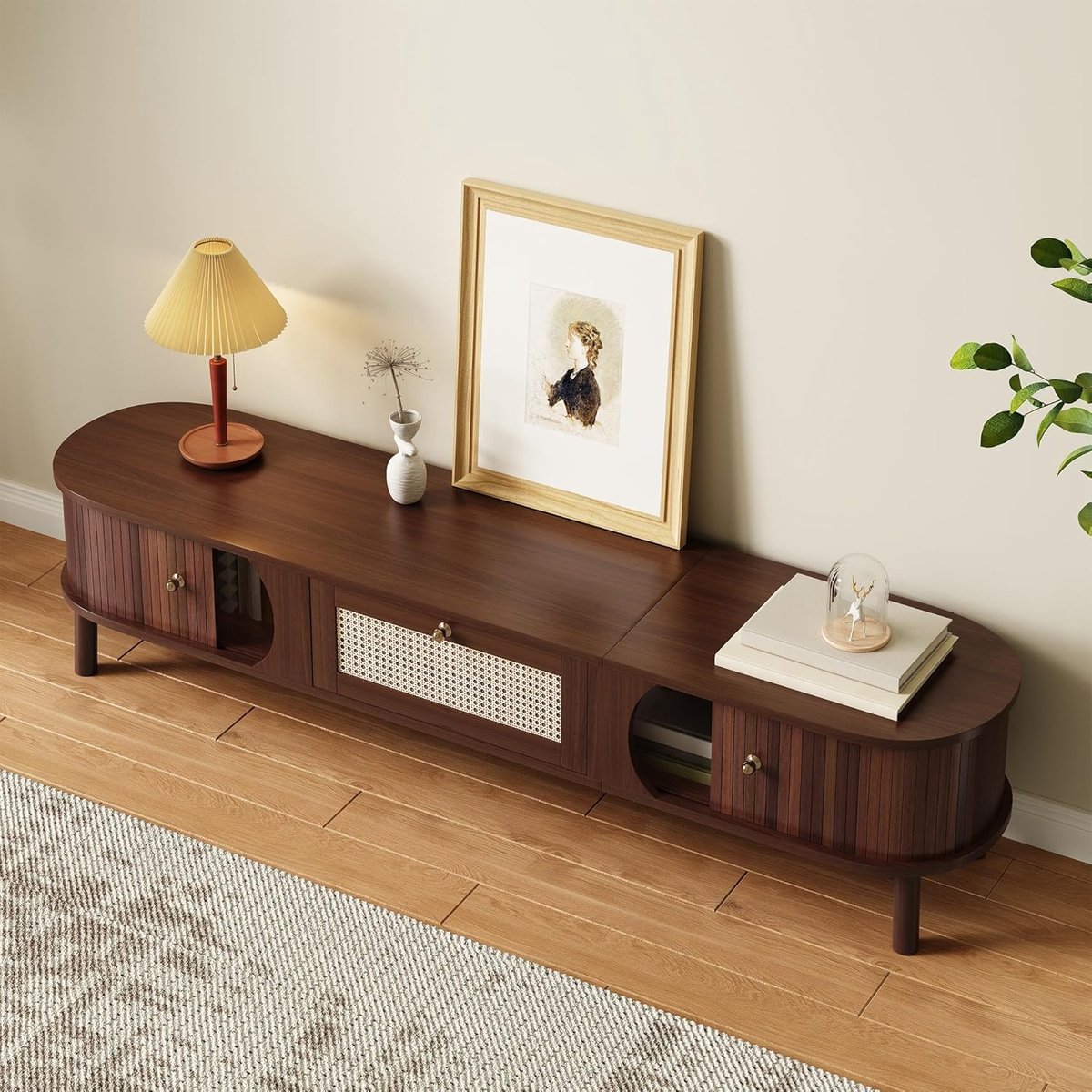 TV-meubel Urbanhome Natura – Massief Houten TV-kast met Rotan Laden en Lamellen Deuren – 170 cm – Rustieke en Natuurlijke Opbergoplossing voor Woonkamer