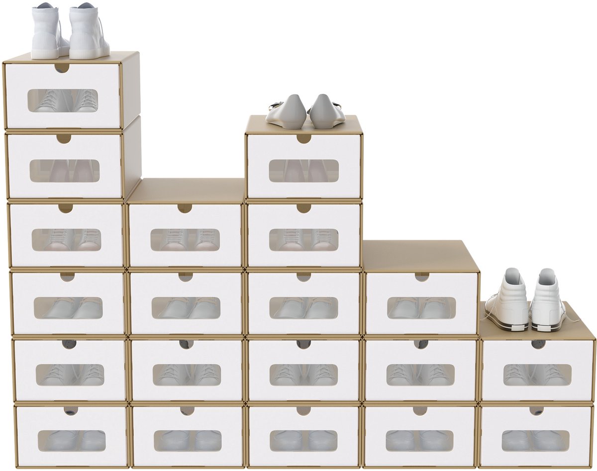 Aufun 20 Stapelbare Schoenendozen-Van Kraftpapier- Met Deksels En Transparante Kijkvensters- 35X24X14Cm-Opbergorganizer Voor Schoenen- Bruin