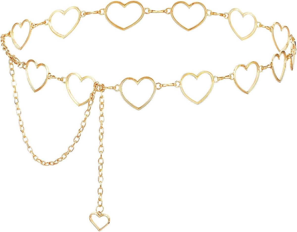 Riem met Strass en Hart Ontwerp - Verstelbare Taille Ketting voor Vrouwen - Modeaccessoire voor Jurk, Jeans en Bikini - Gouden Metalen Body Chain - Sieraden voor Dames - 120 × 2.7 cm