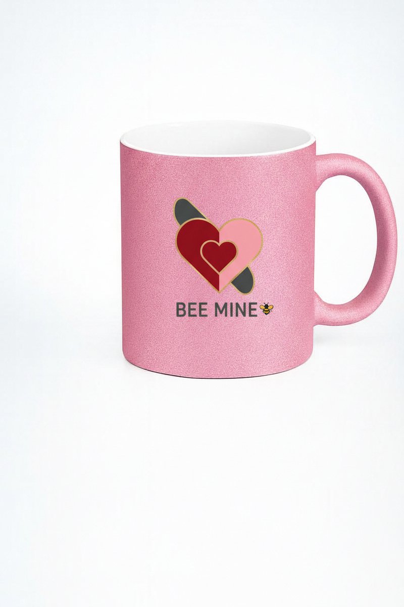 Roze Glitter Mok "Bee Mine" met Hartjes & Bijtje - Valentijn Cadeau