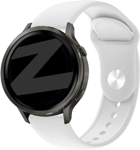 Witte smartwatchband met een donkergrijs horloge en een zwarte wijzerplaat met een witte 'Z'.