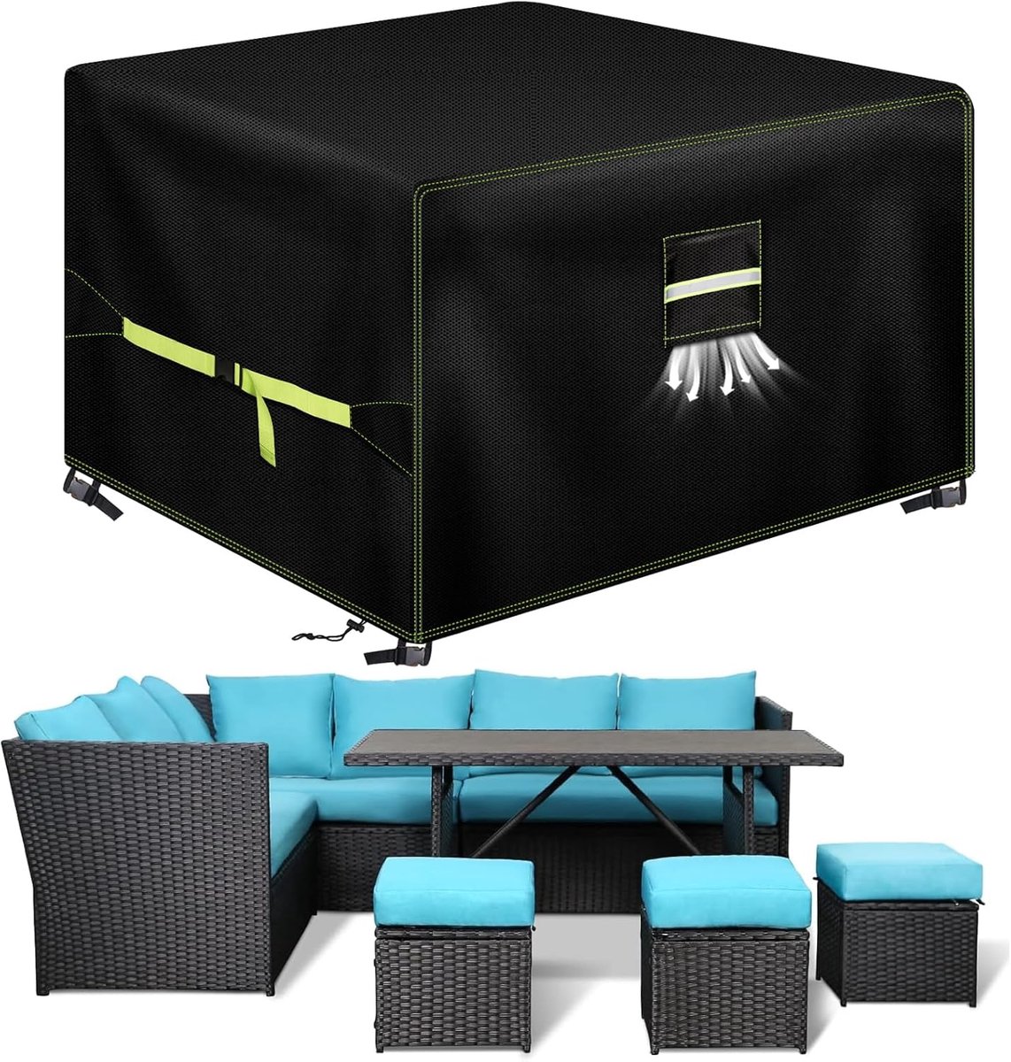 Famanu Tuinmeubelhoes - 150 x 150 x 75 cm - winterbestendig en waterdicht - beschermhoes voor tuinmeubelen - met ventilatievenster - robuust 600D Oxford afdekzeil - perfecte bescherming voor tuin- en Zwart