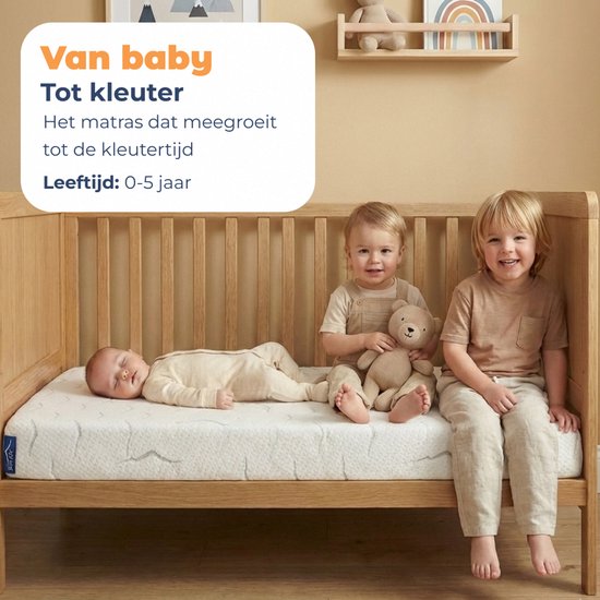 Baby en twee peuters in ledikant met matras. Tekst: Van baby tot kleuter.