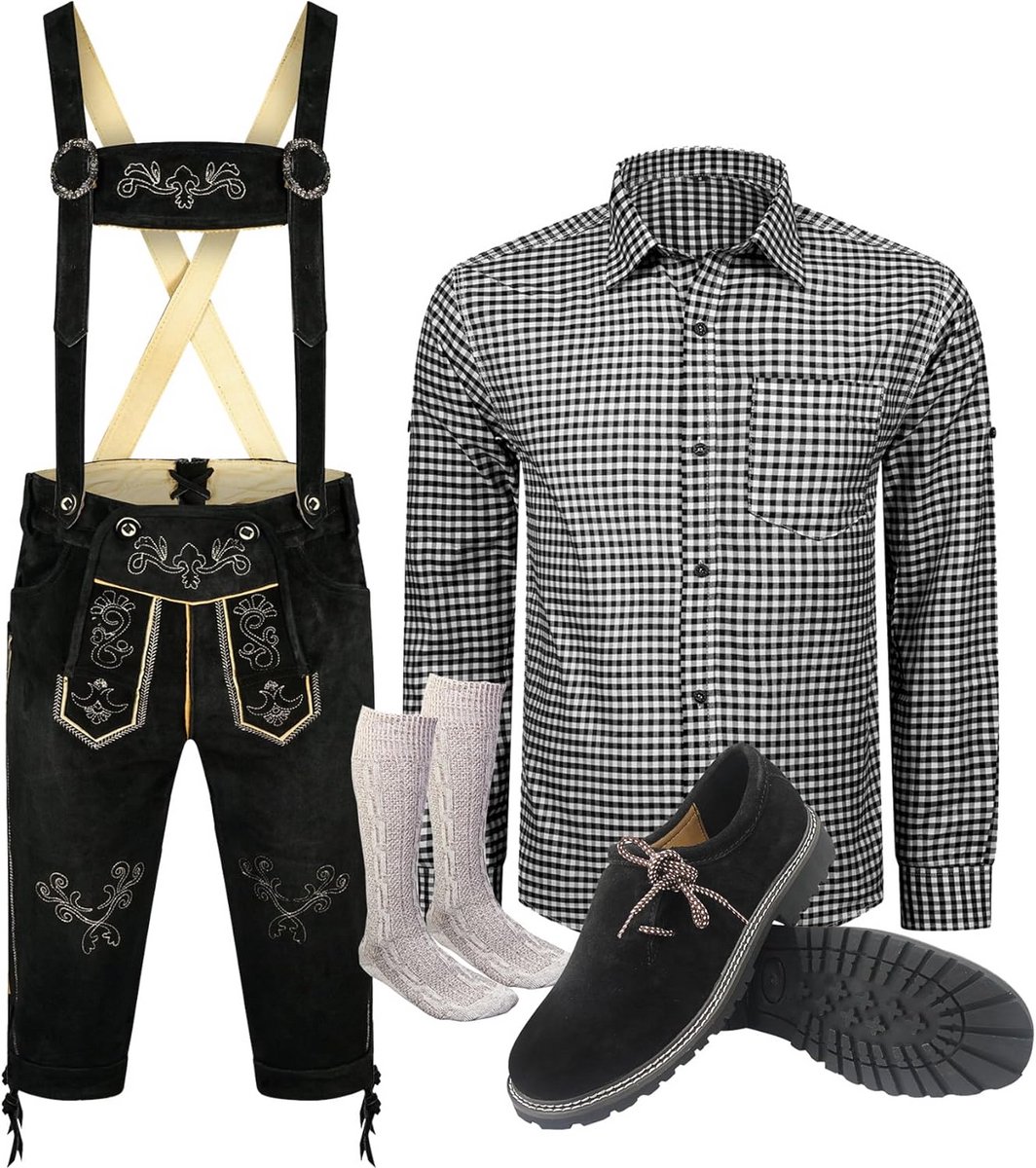 Complete Lederhosen Set voor Heren - Traditionele Klederdracht voor Oktoberfest (Broek, Hemd, Sokken & Schoenen)