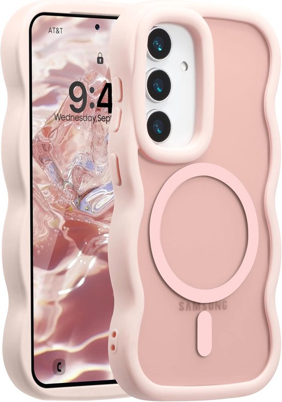 Coque rose ondulée avec cercle MagSafe et découpe caméra, pour téléphone Samsung.