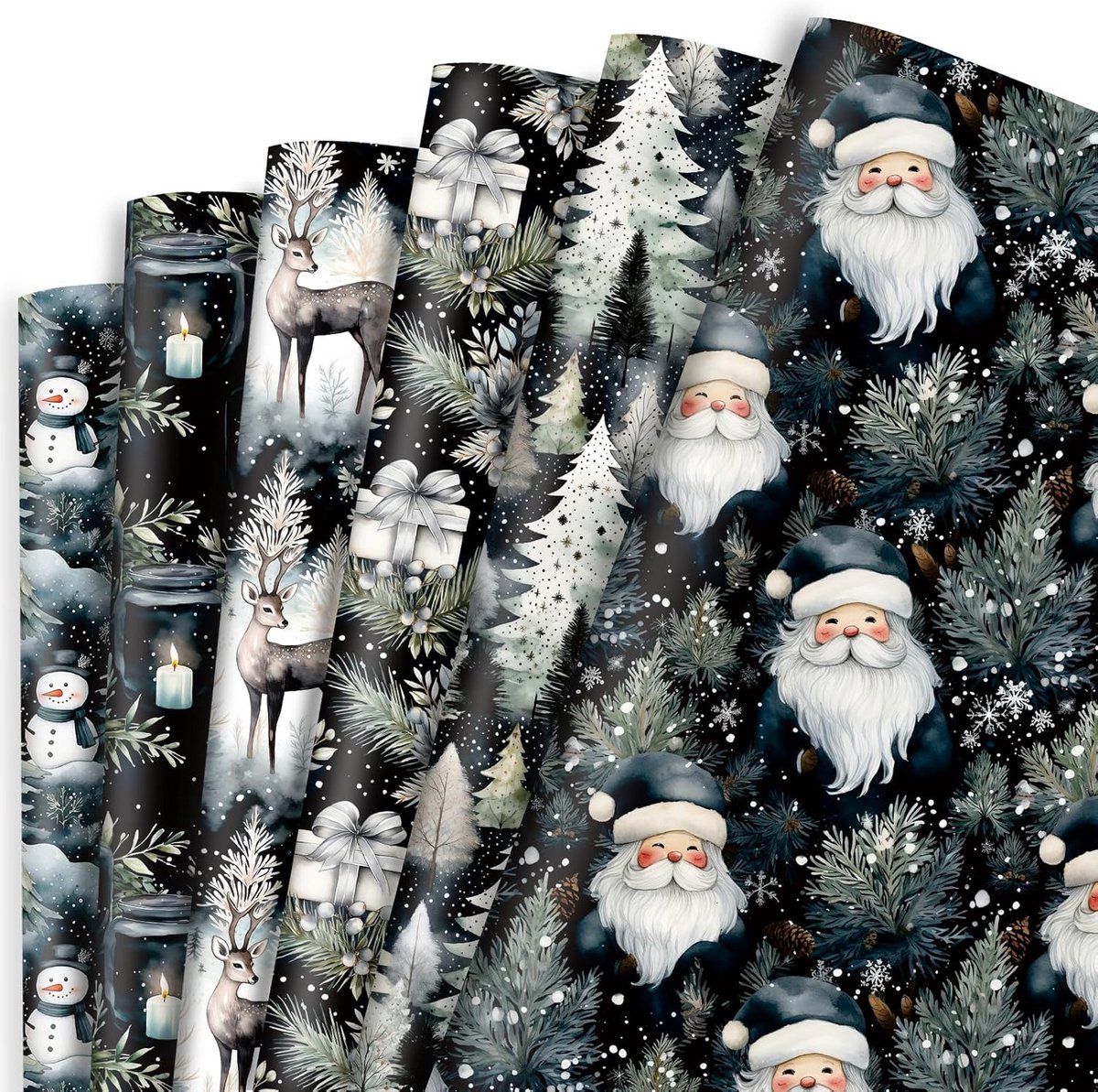 Kerst inpakpapier Set Zwart - 6 Verschillende Aquarel Kerstontwerpen - Cadeaupapier voor Feestdagen