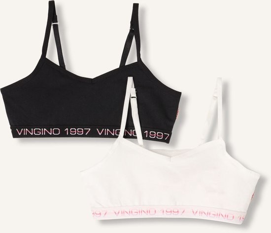 Zwarte en witte crop top met V-hals, merklogo 'VINGINO 1997' op de elastische band.