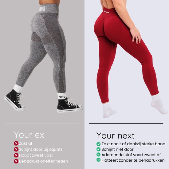 Vergelijking van twee sportleggings: links een grijze, rechts een rode. "Your ex" vs "Your next".