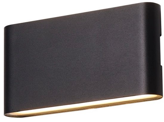 Zwarte, rechthoekige wandlamp met een lichtband aan de onderkant.