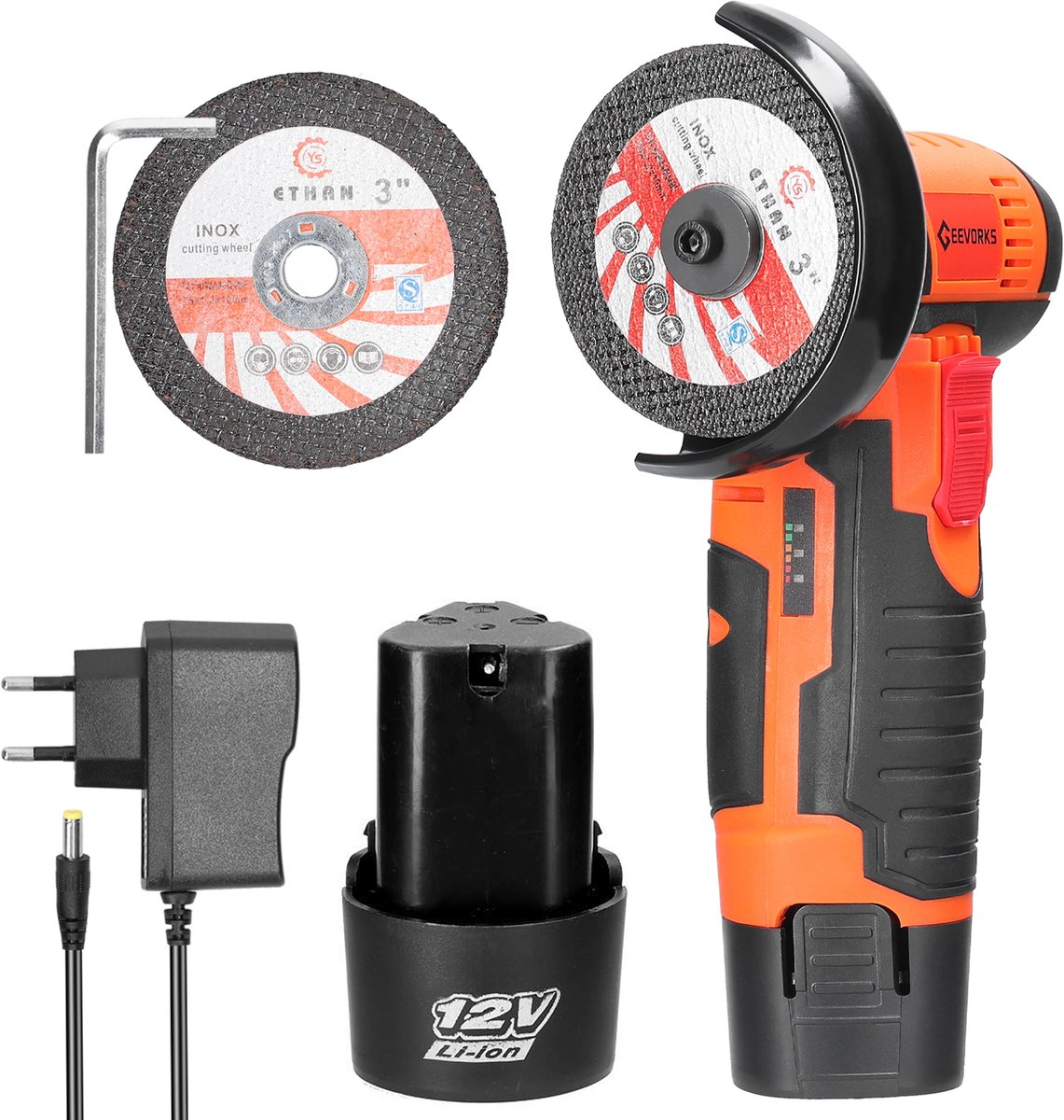 Accu Haakse Slijper – 12V 19500RPM – Borstelloze Motor – 2 Accu's & 75mm Snijschijf – Voor Snijden & Slijpen