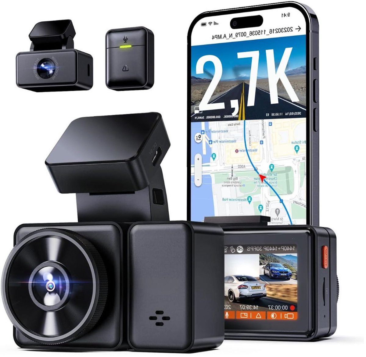 Quvo® Dual Dashcam - Voor en Achter Camera – Auto Camera Met Nachtzicht – Zwart - 9cm x 8cm x 3cm