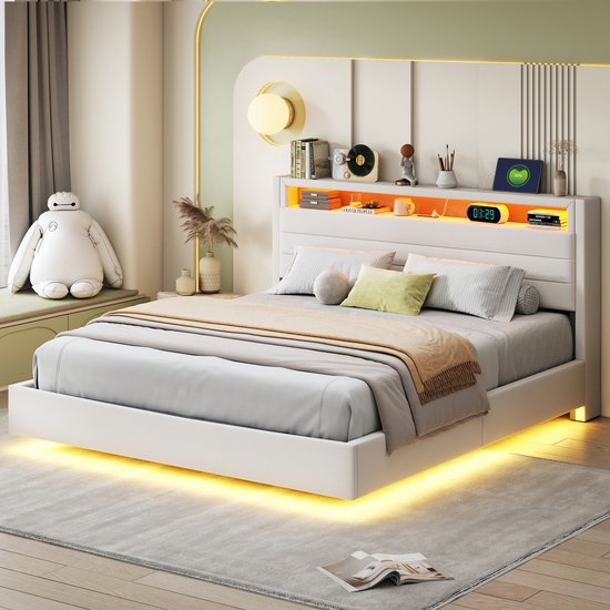 REDOM Opbergbed 160x200 cm van linnen – Met zwevend effect, hydraulisch systeem, USB en LED – Beige